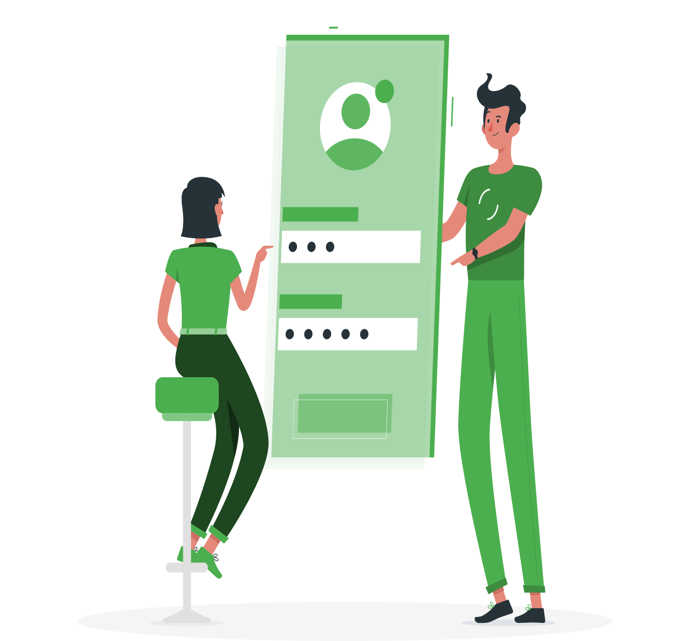 Two people interacting with a mobile application interface